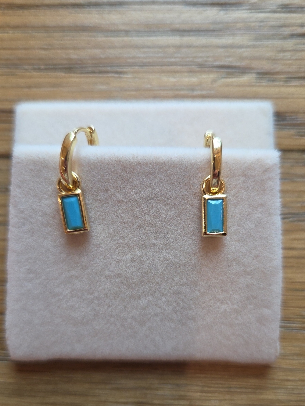 Gold Huggie Earrings with Turquoise Rectangular Charm